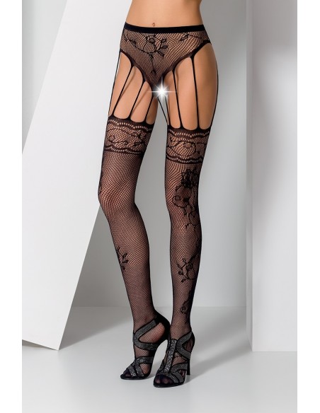 S016 Noir - Collants ouverts résille à motif de roses | Passion bodystockings