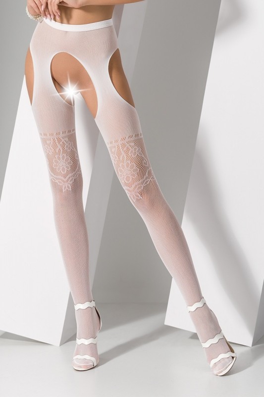 S017 Blanc - Collants ouverts avec découpe porte-jarretelles | Passion bodystockings