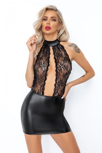 F279 - Robe courte wetlook et dentelle | Noir HandMade