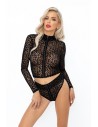 F289 - Top zippé manches longues en tulle léopard | Noir HandMade