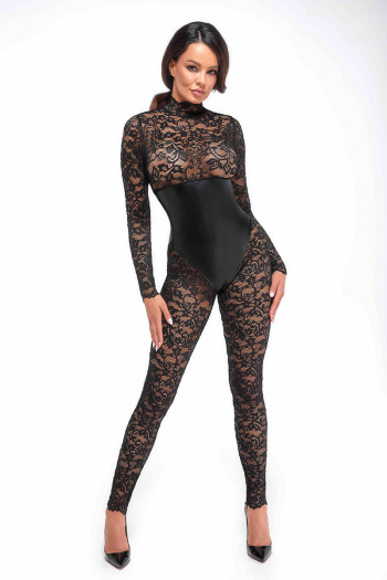 Enigma - Combinaison corset F299 dentelle et wetlook | Noir HandMade 2